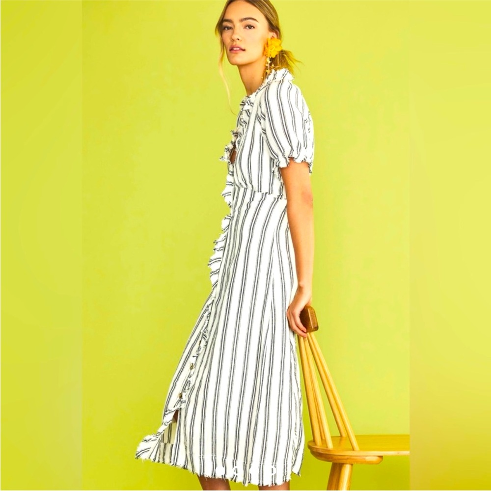 NWT Anthropologie Pilcro Ruffle Collar Button Down Midi Dress Linen 10 Stripe